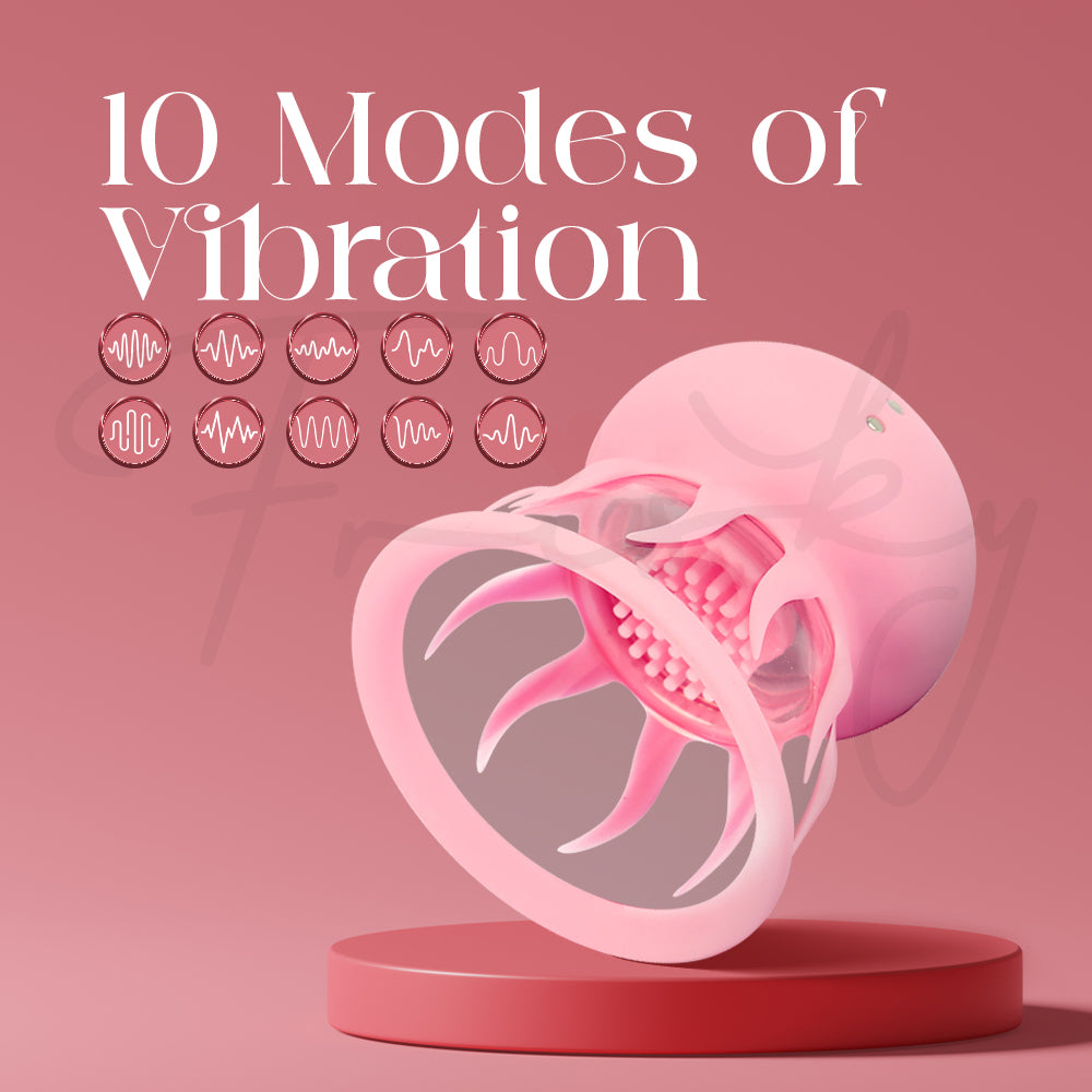Pink jelly fish-shaped suction vibrator with 10 modes of vibration on a pink background