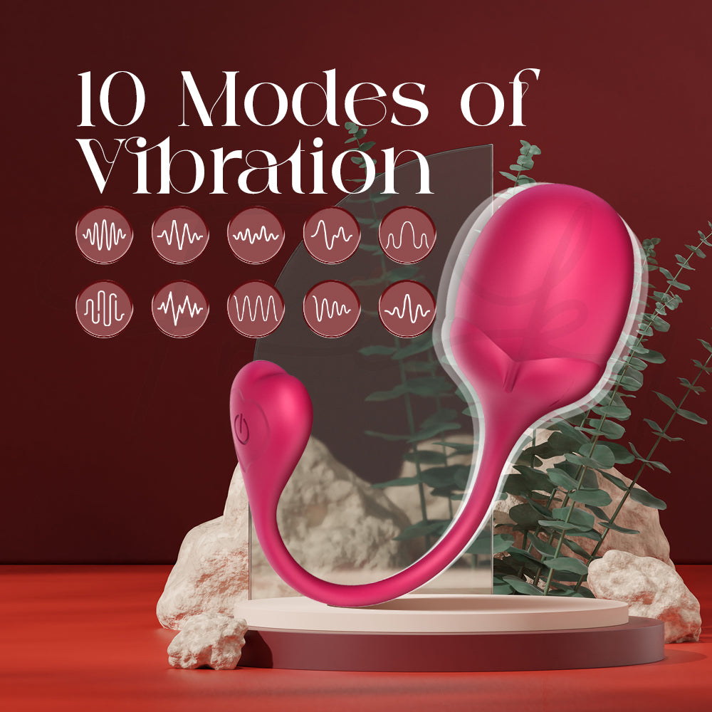 Pink wearable Kegel egg positioned beside a graphic highlighting its ten vibration mode