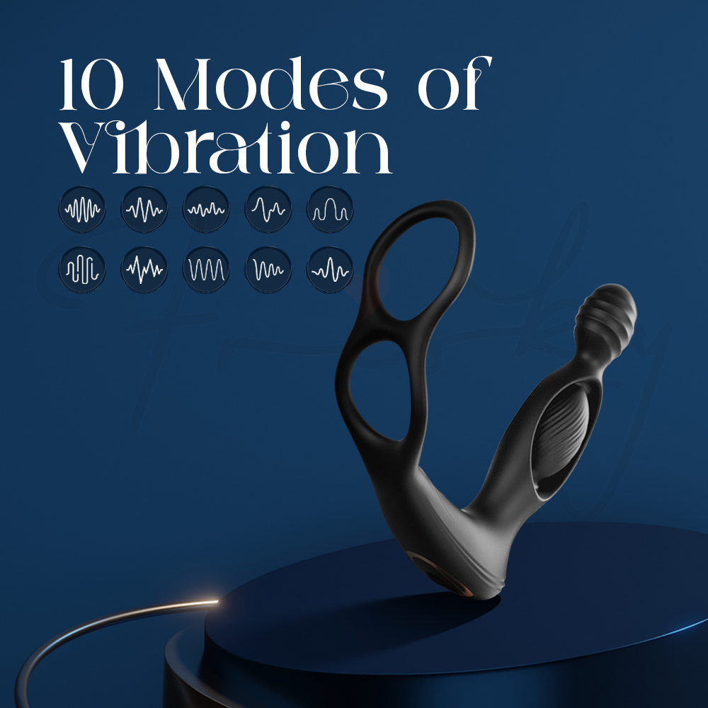 Wearable stimulator showcasing ten vibration modes on blue display stand.