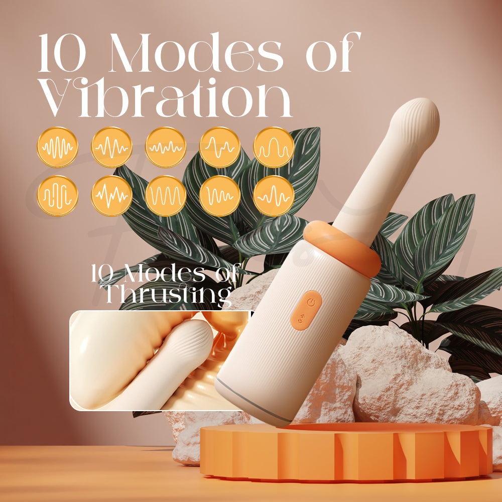Close-up of vibrator positioned on textured stone surface highlighting multiple mode icons.