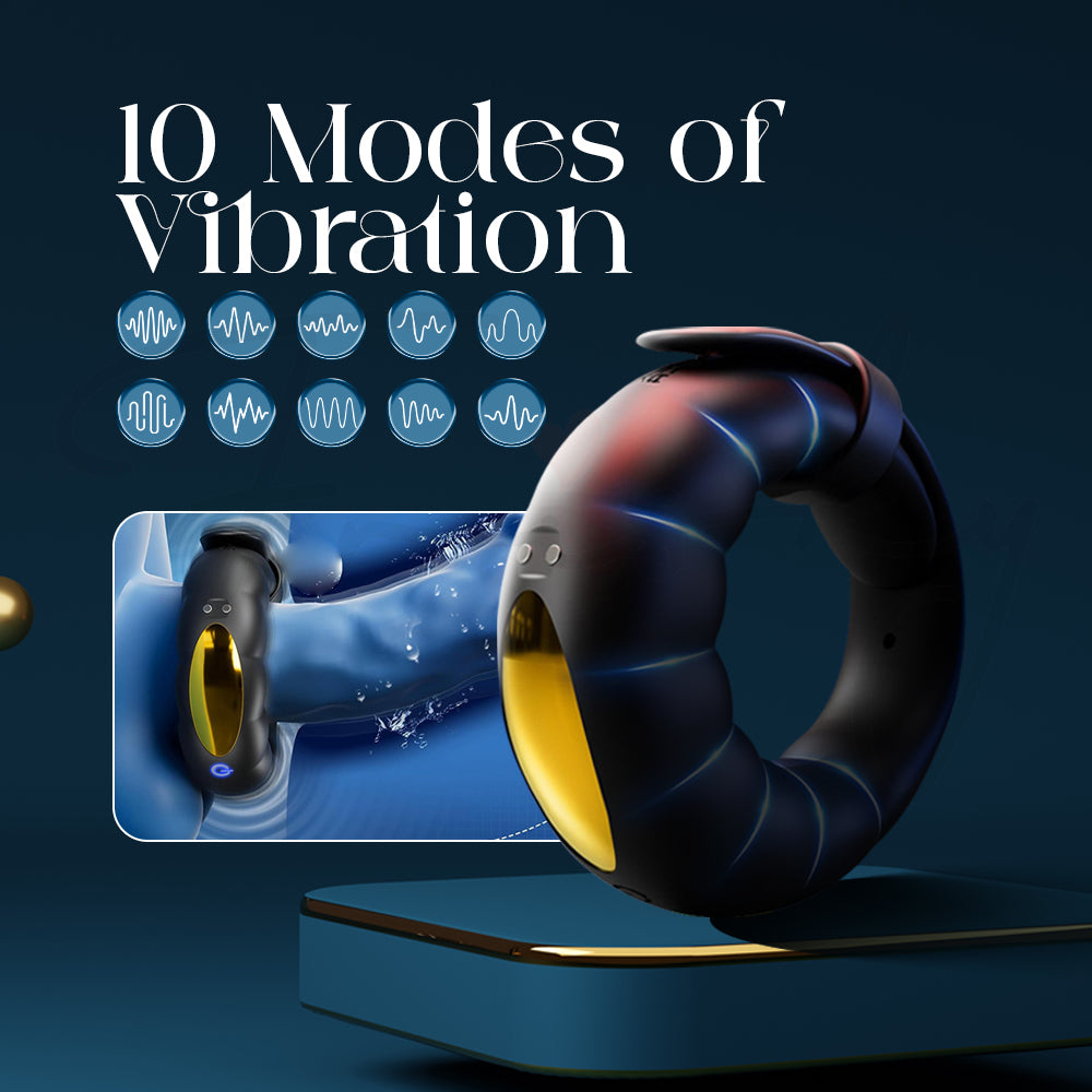 Shared Vibe ring shown with graphic highlighting its ten unique vibration mode options