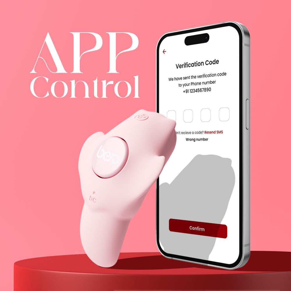 Pink wearable vibrator shown alongside smartphone app for wireless control.
