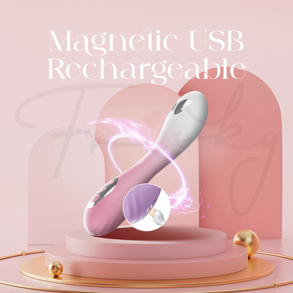 Pink and white magnetic USB rechargeable Electric Shock G-Spot Vibrator on a pink background with text.