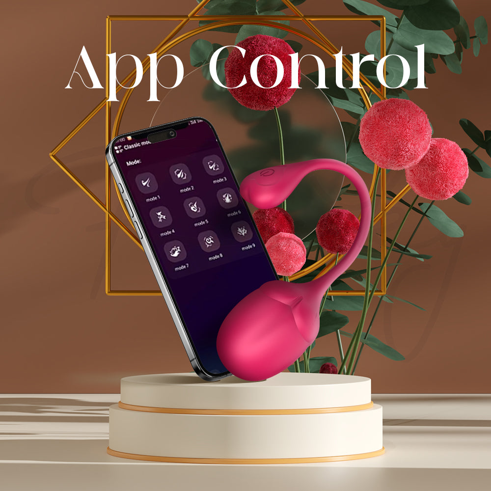 Kegel egg shown next to a smartphone demonstrating remote control through the companion app