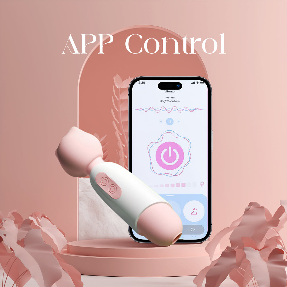 Sakura Purr wand beside a smartphone screen demonstrating the Love Spouse app control.