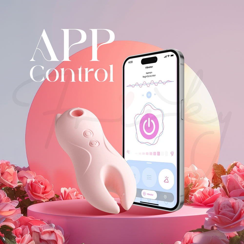 Pink vibrator next to a smartphone showing app control options, surrounded by flowers and soft lighting.