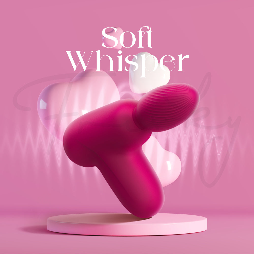 Pink Massage Gun Style Vibrator with Suction on a pink platform with 'Soft Whisper' text
