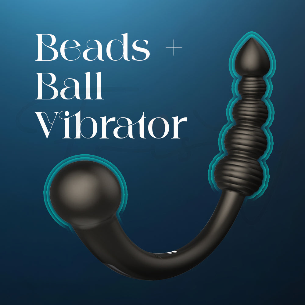 Black beads and ball vibrator on a blue background with text 'Beads + Ball Vibrator'.