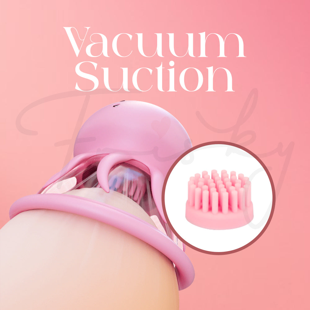Pink jelly fish-shaped suction vibrator on a pink background with close-up inset.