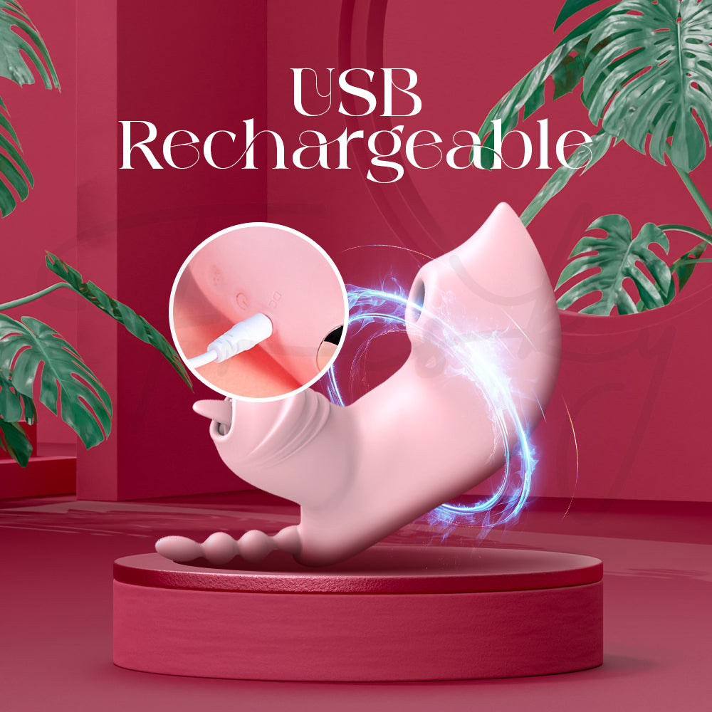 Wearable vibrator highlighted on red pedestal with USB rechargeable feature emphasized.