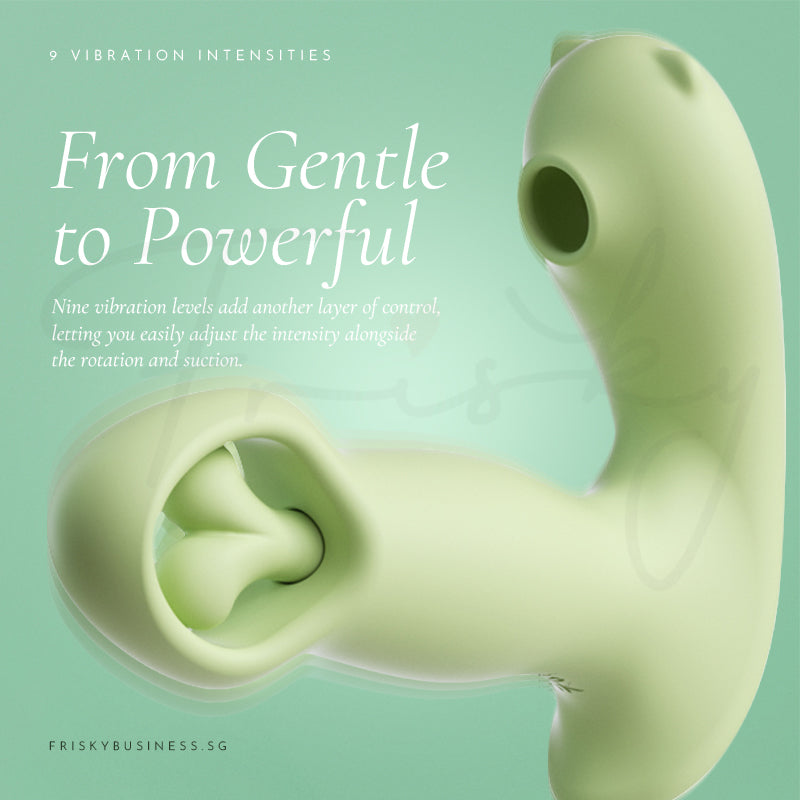 From Gentle to Powerful graphic with a close-up of the green vibrator’s oval suction opening