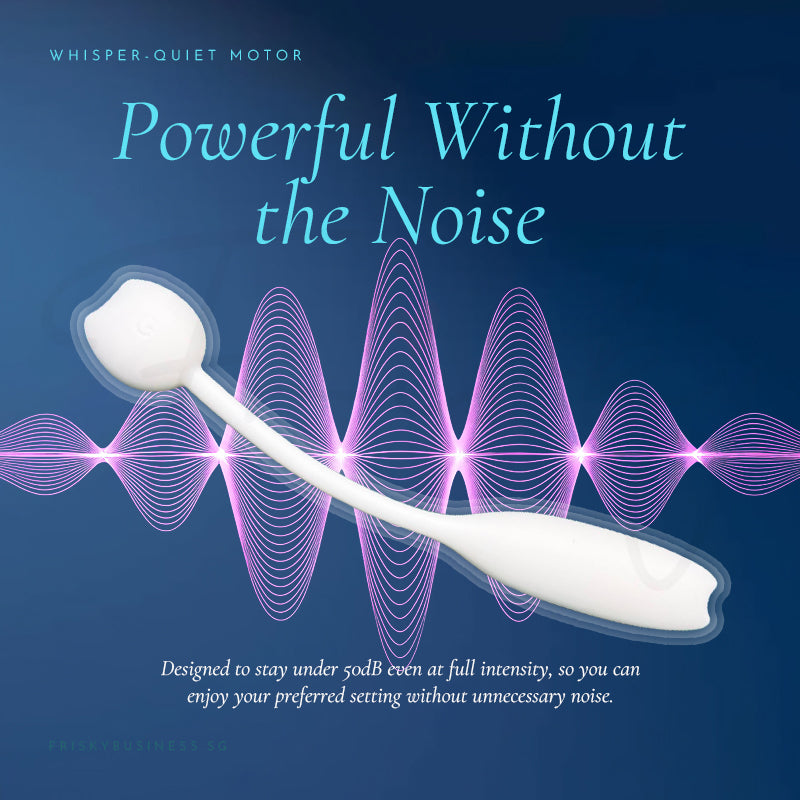 Powerful Without the Noise graphic with the ivory vibrator over glowing purple sound waves