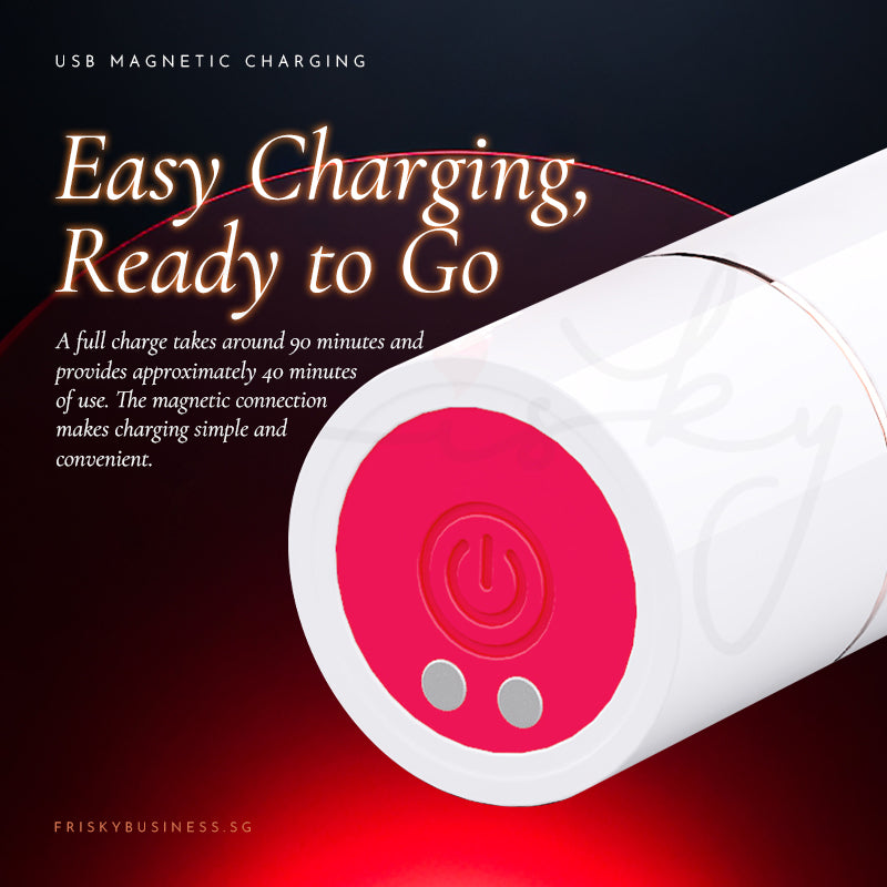 Easy Charging, Ready to Go graphic with a close-up of the white body’s pink button