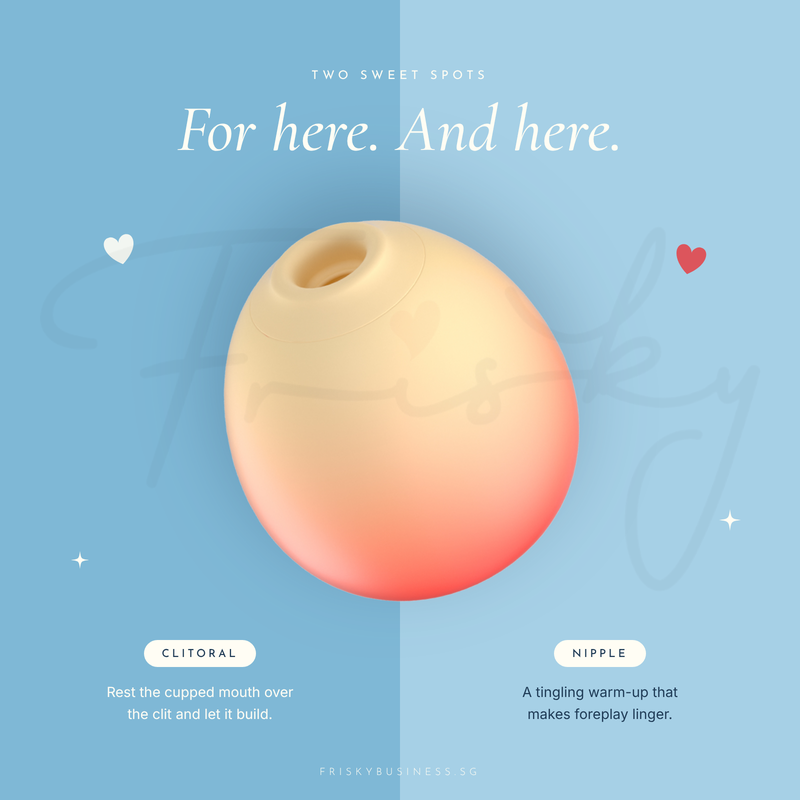 For here and here graphic showing the apple massager’s cupped opening on a blue panel