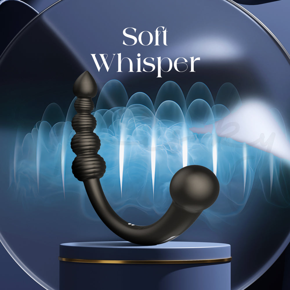 Black dual head vibrator on a blue platform with 'Soft Whisper' text and sound wave graphics.