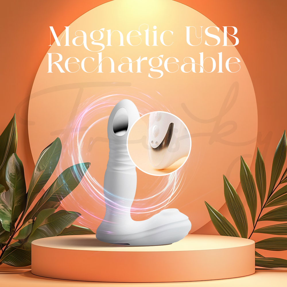 A close-up inset showing the magnetic USB charging contact points on the base of the white vibrator.