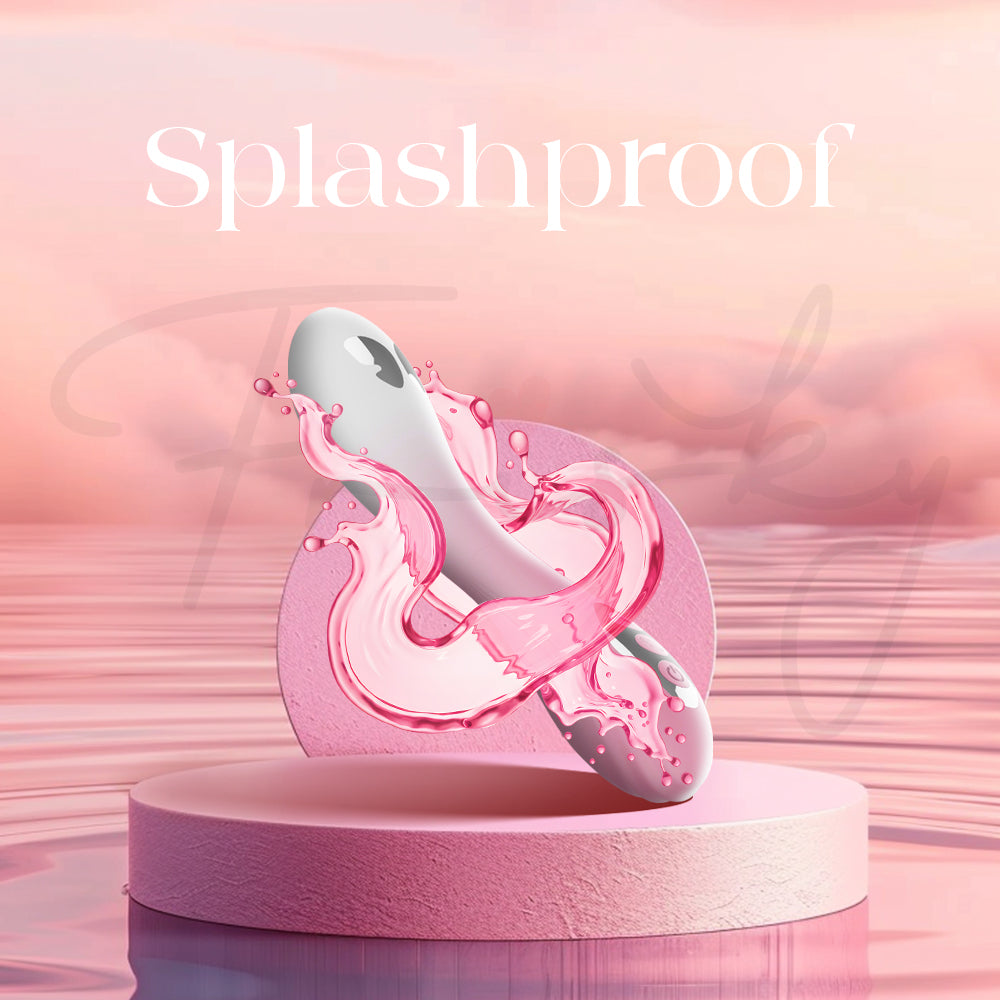 Electric Shock G-Spot Vibrator with water splashes on a pink background, labeled 'Splashproof'.