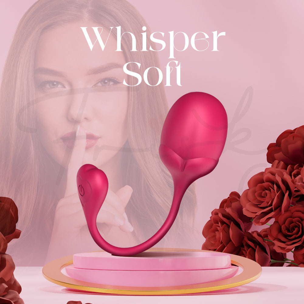 Kegel egg pictured with a soft-focus model to highlight its whisper-quiet vibration motor.