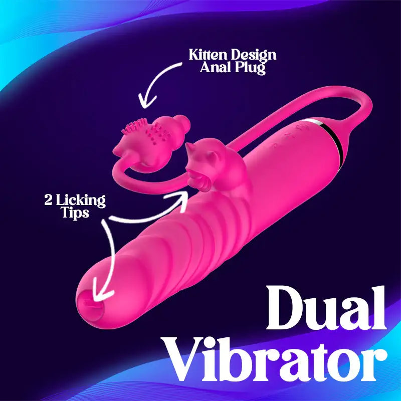 Rosy’Purr Rumble – Thrusting Dual Vibrator with Anal Plug - Frisky Business Adult Sex Toys Shop