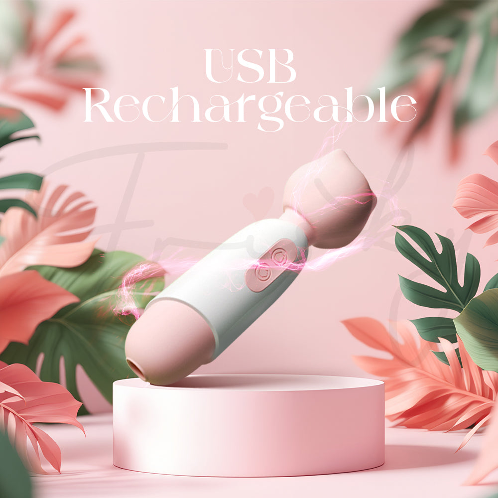 Sakura Purr wand on a pink stand with USB magnetic charging showcased