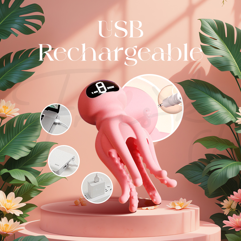 USB rechargeable feature with charging cable beside pink vibrator