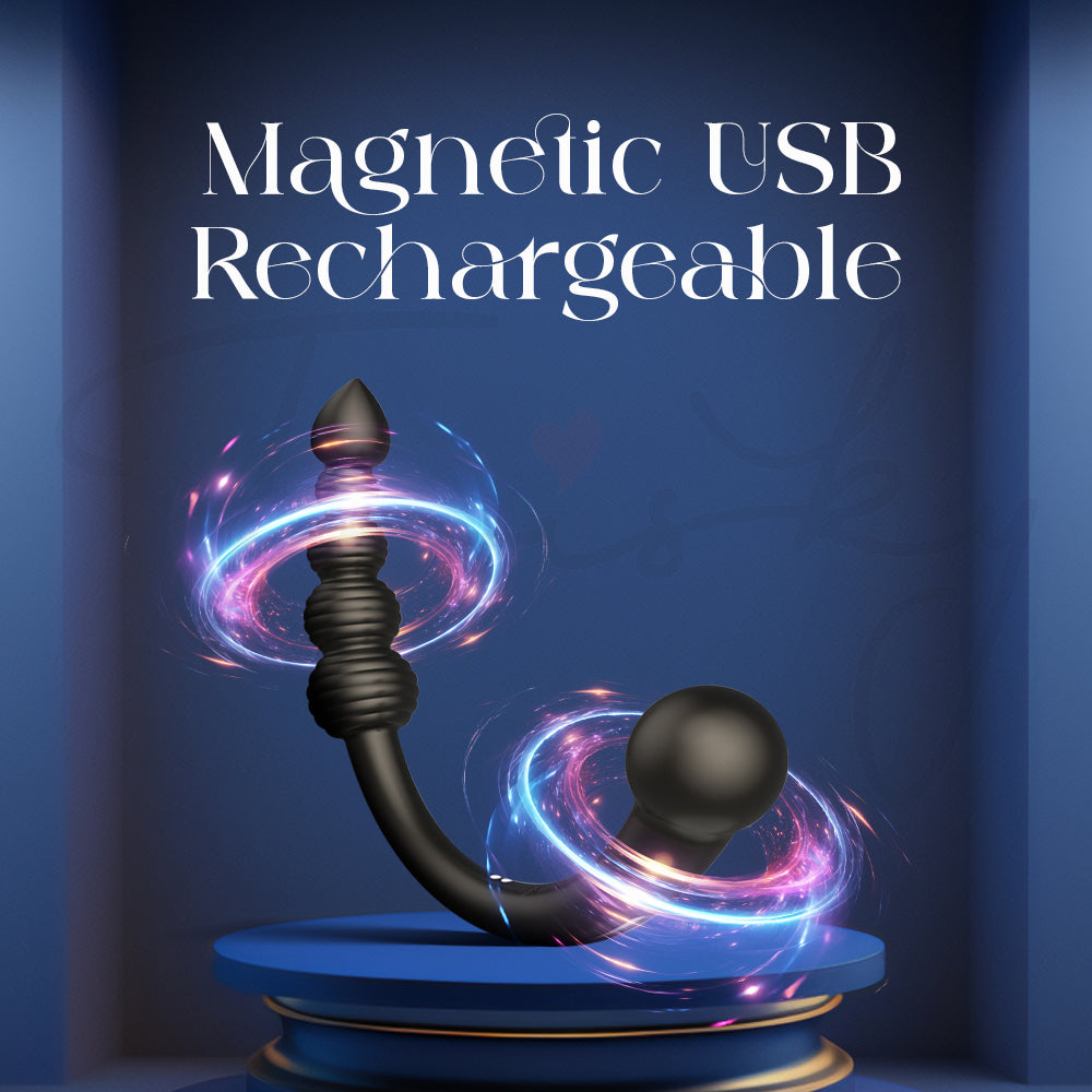 Magnetic USB rechargeable dual head vibrator on a blue background with text