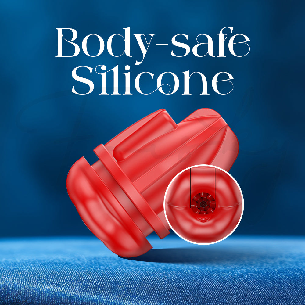 Red textured silicone sleeve resting on soft fabric, highlighting its smooth, body-safe material.