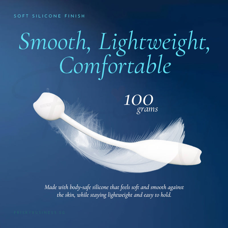 Smooth, Lightweight, Comfortable graphic with the ivory vibrator resting on a white feather