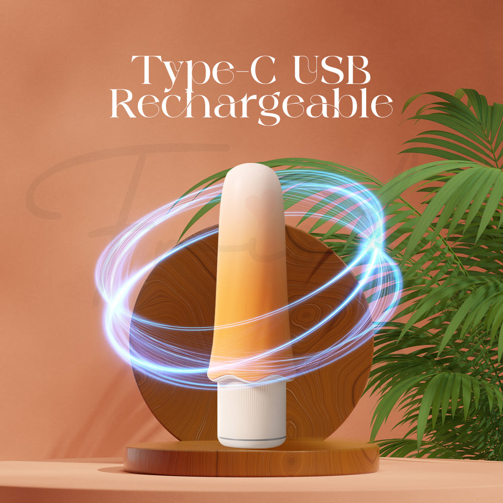 Vibrator standing with swirling graphic effect representing fast Type-C USB charging.
