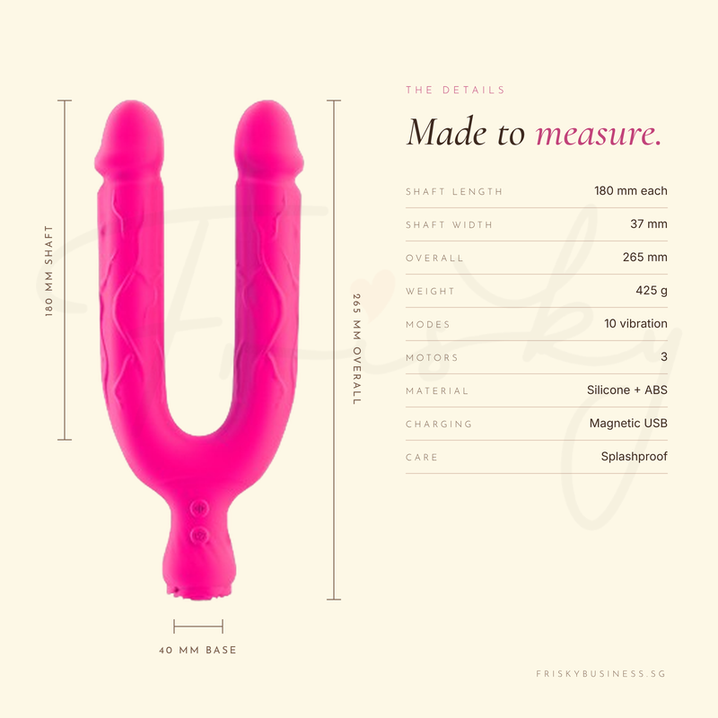 Dual-ended vibrator on a dark magenta background beside a table of product dimensions