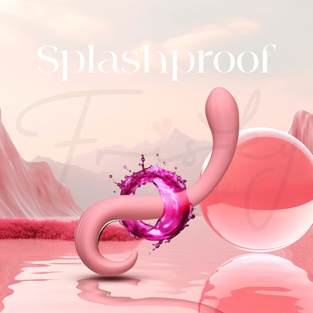 Curved vibrator with water splash visual demonstrating splashproof design and easy cleaning