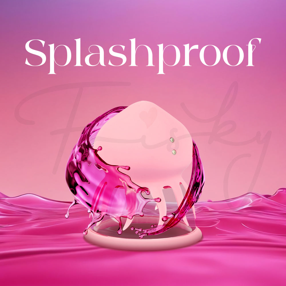 Pink jelly fish-shaped suction vibrator with 'Splashproof' text on a pink background