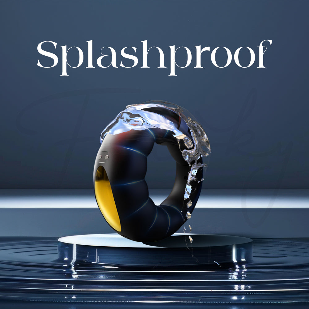 Shared Vibe ring shown with water droplets representing its splashproof and easy-clean design