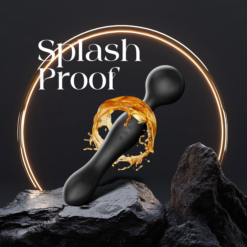 Splashproof vibrating wand displayed with water droplets to highlight easy cleaning and durability