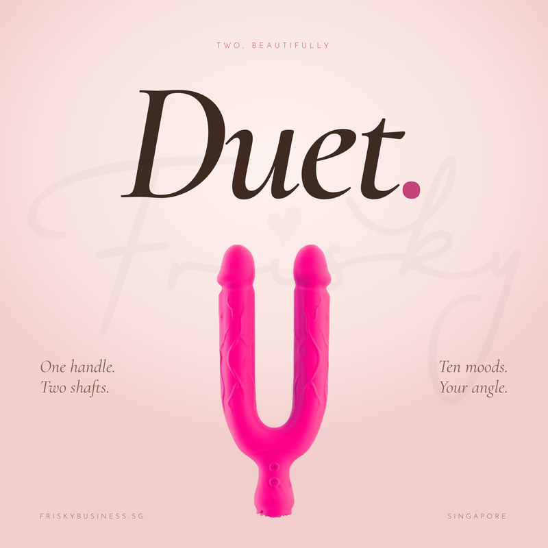 Pink U-shaped dual-ended vibrator on a soft blush background with the Duet title