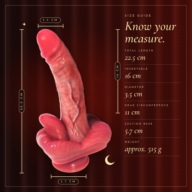 Know your measure size graphic with measurement lines beside the vibrator on deep red