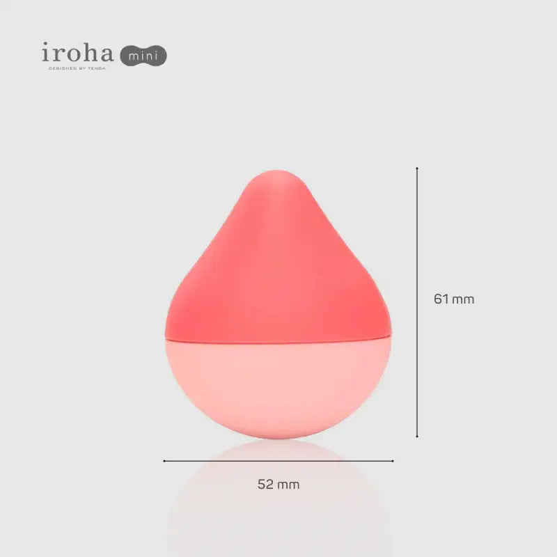 Pink and red droplet-shaped product with dimensions on a light gray background, featuring the brand 'iroha mini'.