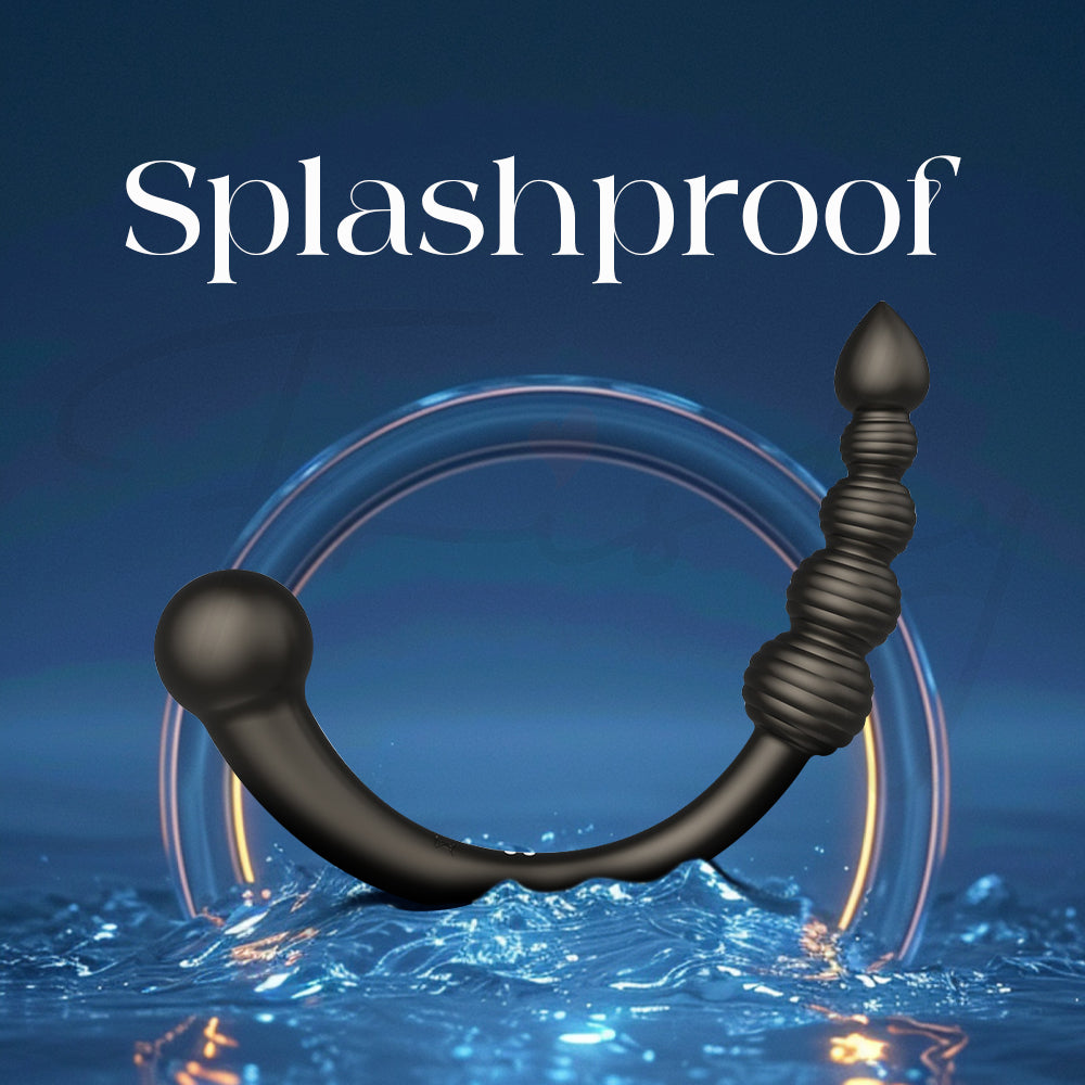 Black dual head vibrator with water splash and 'Splashproof' text on a blue background