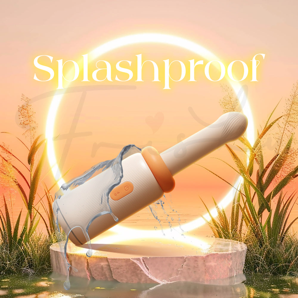 Vibrator placed in shallow water with sunlight and plants demonstrating splashproof design.