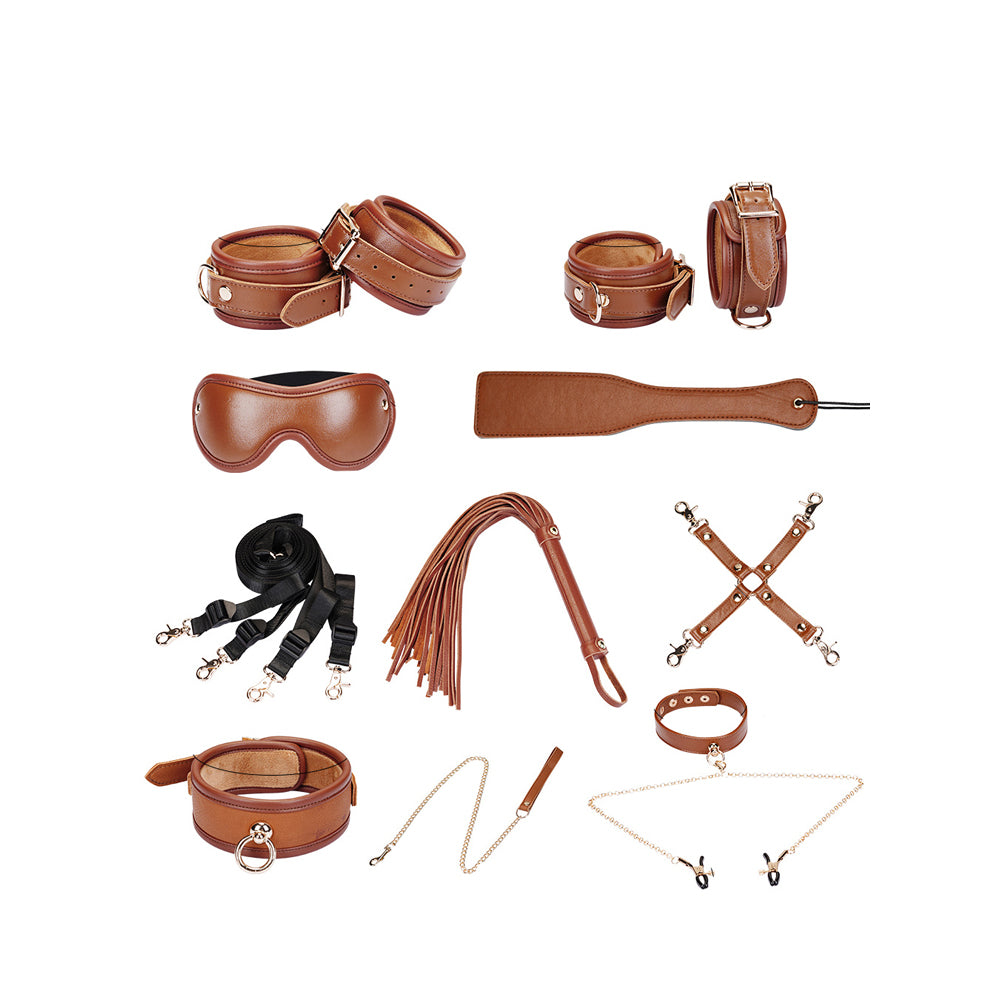 Brown Western-style 11-piece BDSM kit with cuffs, blindfold, leash, paddle, and restraints set