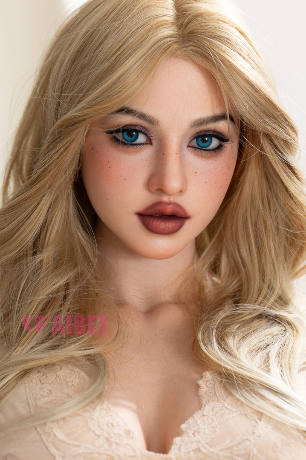 Close-up portrait of Aibei Doll 167 cm E Silicone - Grace, highlighting her detailed facial features, blue eyes, and light freckles.
