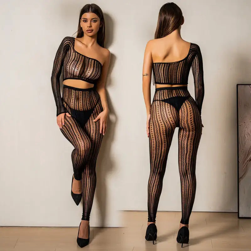Bodystocking - 2 Pcs Black One Shoulder Strapes Fishnet Lingerie - Frisky Business Adult Sex Toys Shop