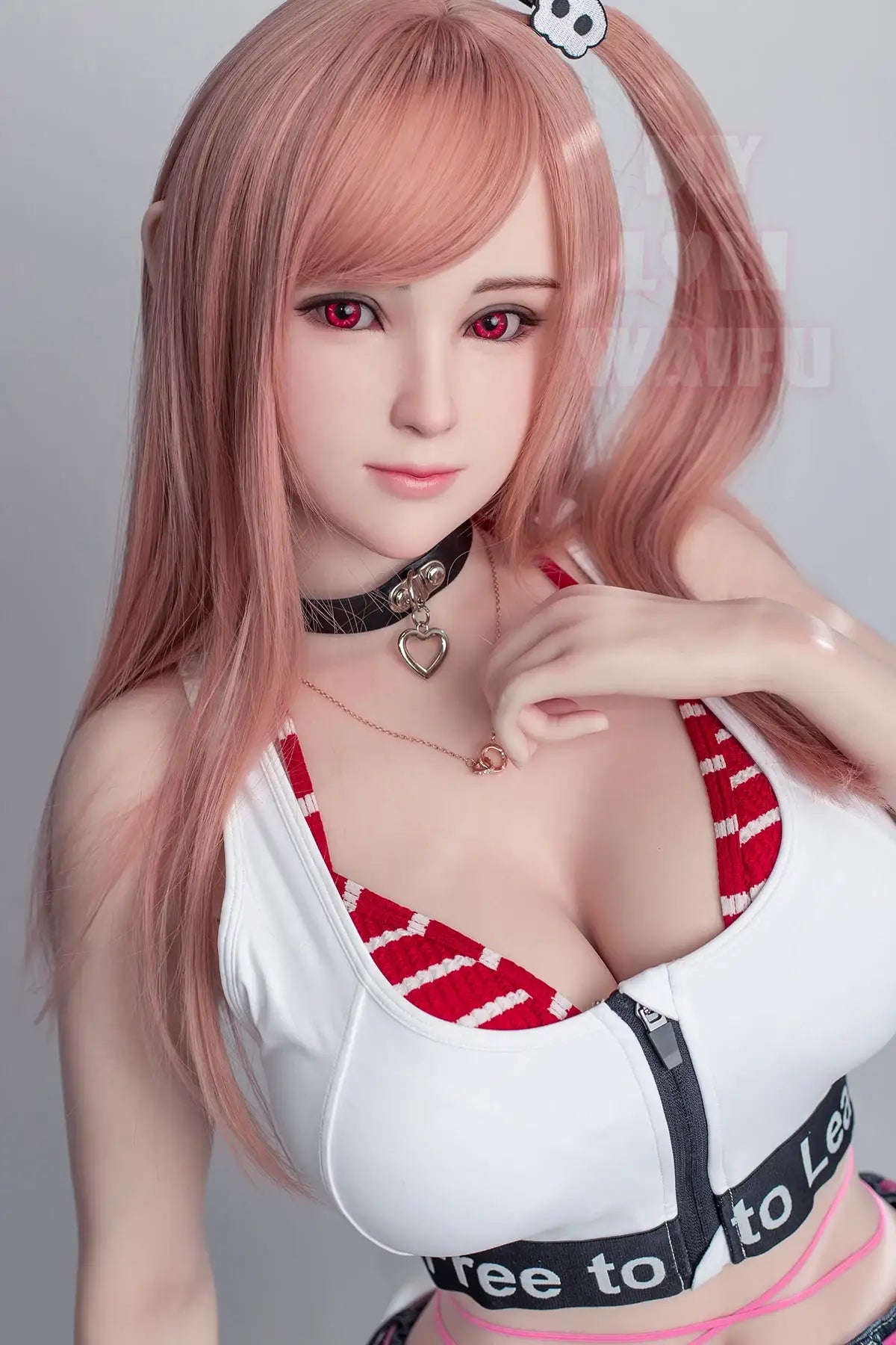 Jiusheng Doll 152 cm E Silicone – Honoka with pink hair, realistic facial details, and sporty white and red outfit with zipper front.