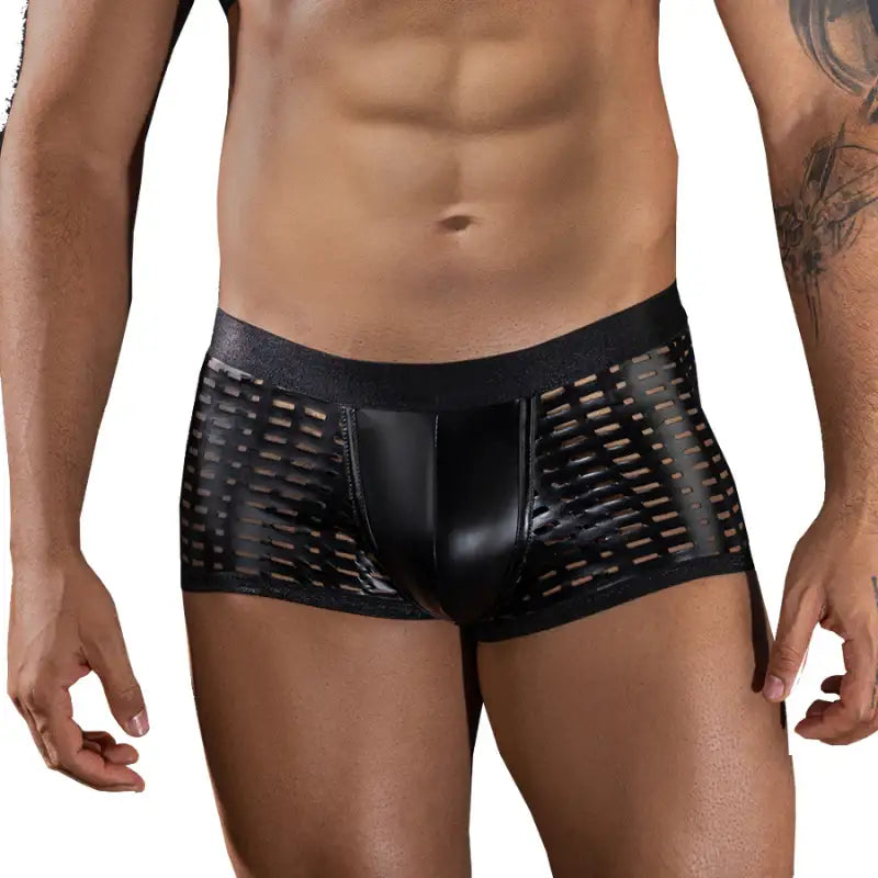 Skivvies - Black PU Leather Hollow Boxer Male Underwear - Frisky Business Adult Sex Toys Shop