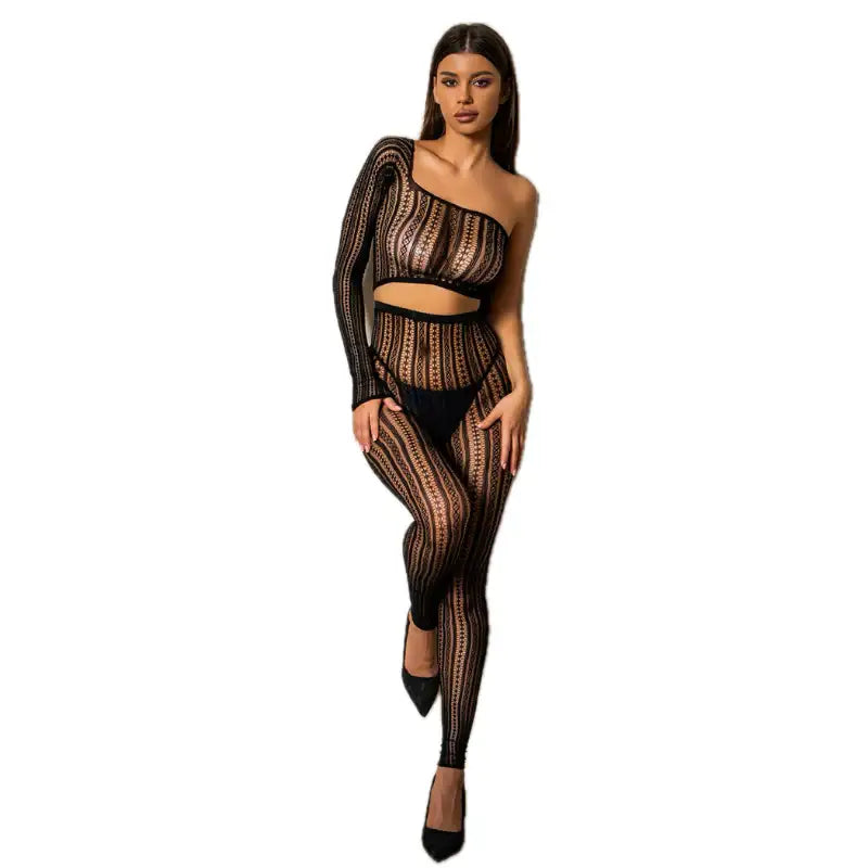 Bodystocking - 2 Pcs Black One Shoulder Strapes Fishnet Lingerie - Frisky Business Adult Sex Toys Shop