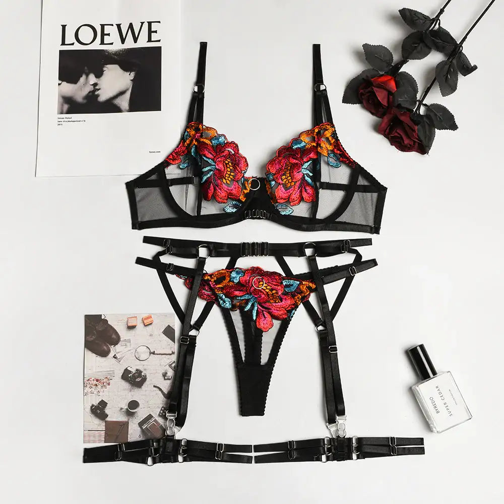 Bra Set - 3 Pcs Sexy Embroidery Transparent Lingerie with Garters - Frisky Business Adult Sex Toys Shop