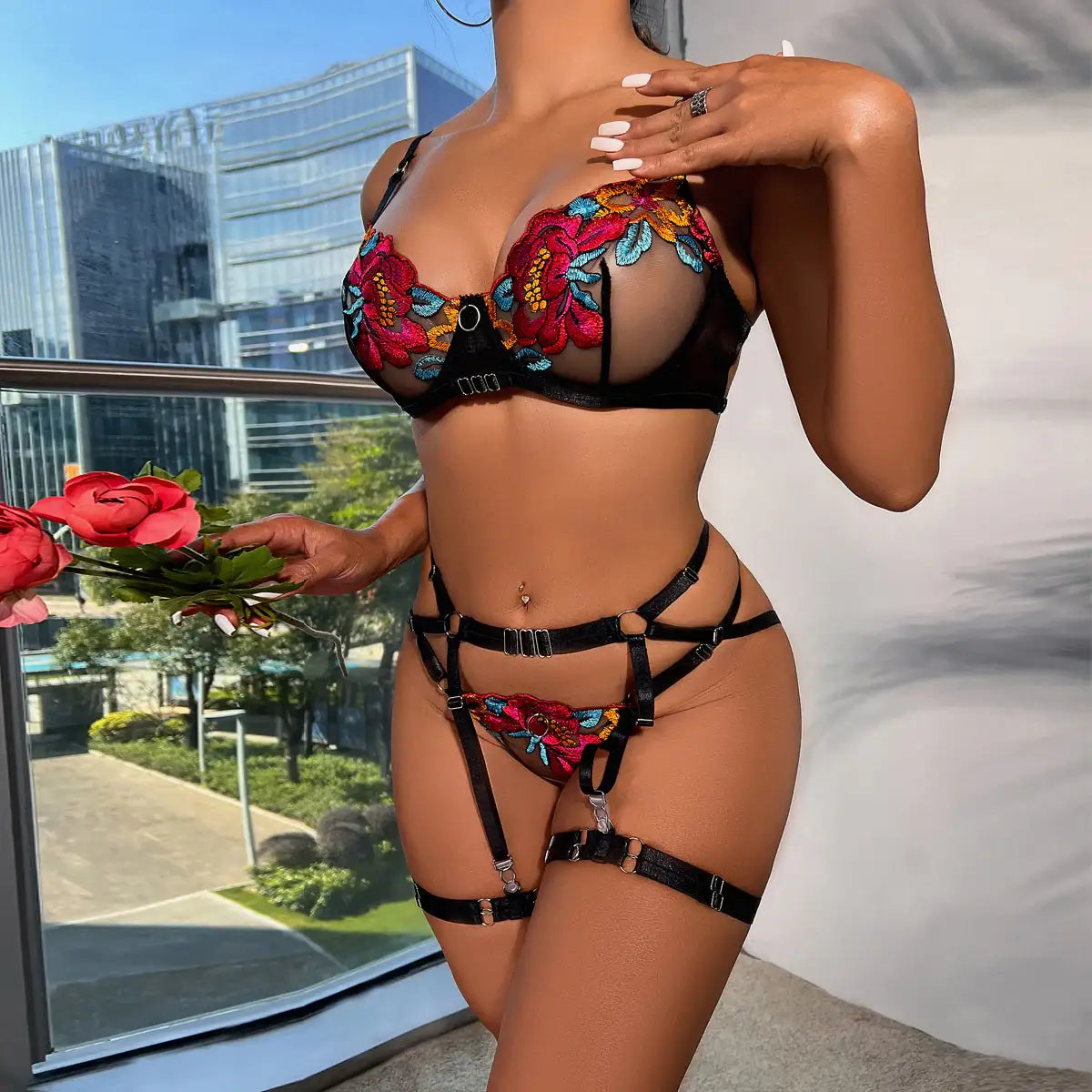Bra Set - 3 Pcs Sexy Embroidery Transparent Lingerie with Garters - Frisky Business Adult Sex Toys Shop