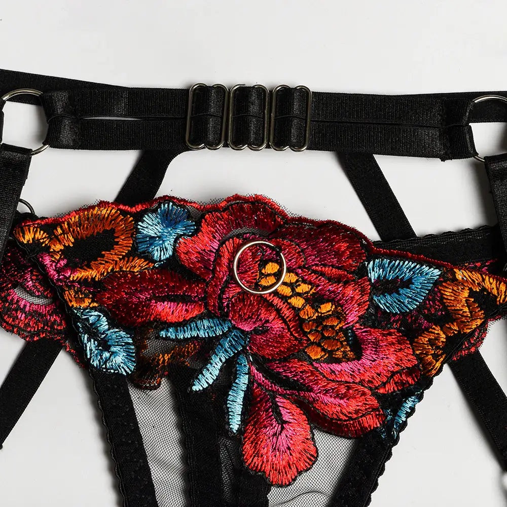 Bra Set - 3 Pcs Sexy Embroidery Transparent Lingerie with Garters - Frisky Business Adult Sex Toys Shop