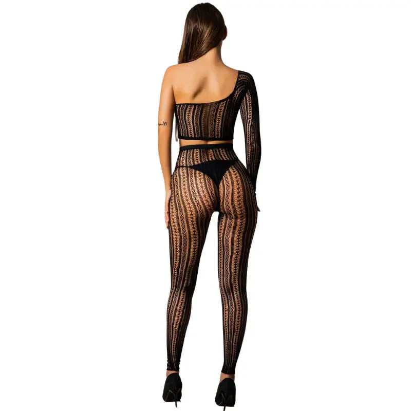 Bodystocking - 2 Pcs Black One Shoulder Strapes Fishnet Lingerie - Frisky Business Adult Sex Toys Shop