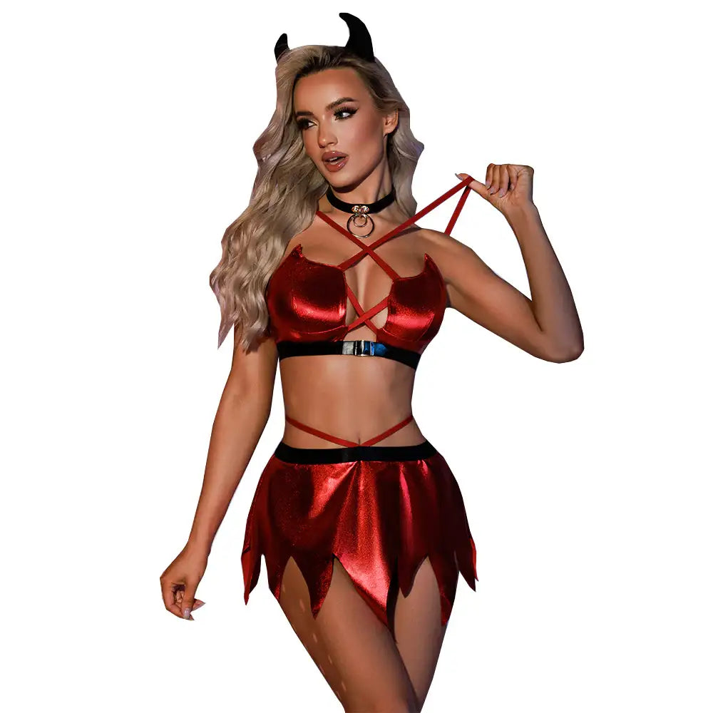 Bra Set - 6 Pcs Sexy Demon Lady Lingerie with Headwear and Collar - Frisky Business Adult Sex Toys Shop
